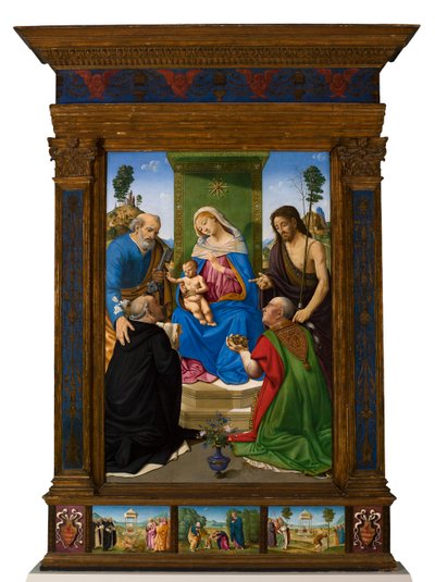 Madonna und Kind auf dem Thron mit den Heiligen Petrus, Johannes dem Täufer, Dominikus und Nikolaus von Bari von Piero di Cosimo