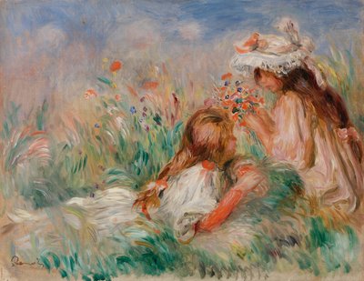Mädchen im Gras arrangiert einen Blumenstrauß von Pierre-Auguste Renoir