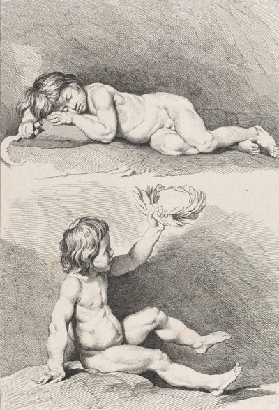 Zwei nackte Kinder, eines schlafend und das andere hält einen Kranz, aus New Book of Childr... von Pierre Alexandre Aveline