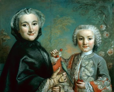 Frau und Kind mit einem Sittich und Kirschen von Pierre Allais