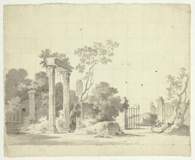 Ansicht des Parks von Versailles: Ruinierte Säulen und ein offenes Eisentor von Pierre Antoine Mongin