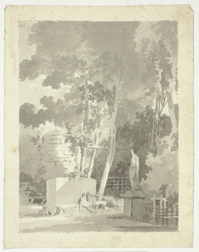 Ansicht des Parks von Versailles: Zwei Figuren auf einer Bank in einer Lichtung, weibliche Statue in der Nähe von Pierre Antoine Mongin
