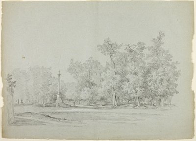 Ansicht des Parks von Versailles: Landschaft mit Gedenksäule und Baumhain von Pierre Antoine Mongin