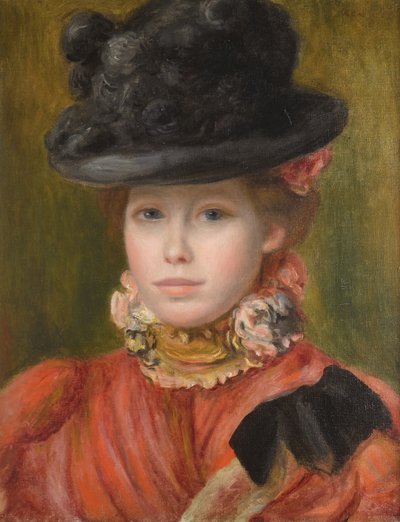 Mädchen mit schwarzem Hut und roten Blumen, ca. 1890 von Pierre Auguste Renoir