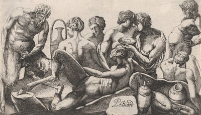 Acht Satyrn und Satyrinnen beenden eine Mahlzeit (1607-61) von Pierre Biard