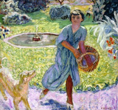 Das junge Mädchen oder junges Mädchen, das mit einem Hund spielt von Pierre Bonnard