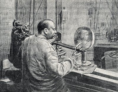 Ein Medailleur benutzt eine Art Pantograph-Fräsmaschine. Gravur aus „Excursion à travers les métiers“ von Pierre Calmette. Private Sammlung von Pierre Calmettes