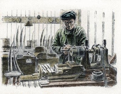 Ein Elfenbeinarbeiter schnitzt Elefantenstoßzähne in seiner Werkstatt, Gravur aus „Excursion à travers les métiers“ von Pierre Calmette, Privatsammlung von Pierre Calmettes