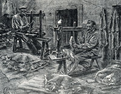 Handwerker, die Schafsfelle entfleischen, Gravur aus „Excursion à travers les métiers“ von Pierre Calmette, Privatsammlung von Pierre Calmettes