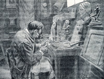 Elfenbeinarbeiter schnitzt Elfenbein mit Meißeln, Schabern und Hohlbeiteln, Gravur aus „Excursion à travers les métiers“ von Pierre Calmette, Privatsammlung von Pierre Calmettes