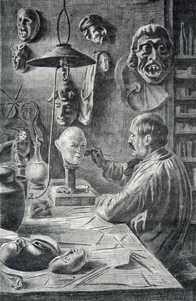 Herstellung von Theater- und Verkleidungsmasken, Gravur aus „Excursion à travers les métiers“ von Pierre Calmette, Privatsammlung von Pierre Calmettes