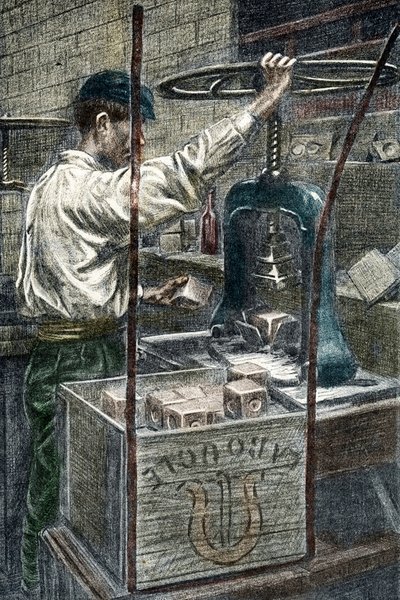 Seifenfabrik: Prägen der Seifenmarke, Gravur aus „Excursion à travers les métiers“ von Pierre Calmette, Privatsammlung von Pierre Calmettes