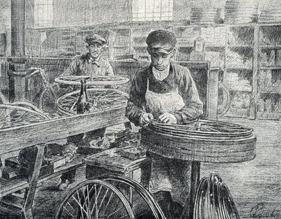 Arbeiter befestigen die Speichen an den Felgen eines Fahrrads während der Herstellung (Gravur aus der Sammlung Pierre Calmette) von Pierre Calmettes