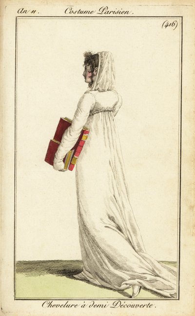 Frau in weißem Kleid mit Schleier über halbem Haar, Paris von Pierre Charles Baquoy