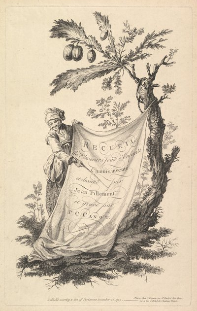 Titelseite: Ein lächelnder Mann hält eine Ecke eines an einen Feigenbaum gebundenen Tuchs und zeigt mit einem Finger, 1759 von Pierre Charles Canot