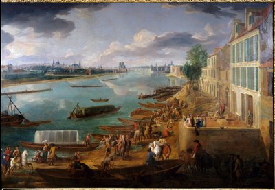 Ansicht von Paris, vom Quai de la Rapée aus im Jahr 1716 (Detail der Boote auf der Seine und Aktivitäten). Gemälde von Pierre Denis Martin (1663-1742) 1716. Maße 1,7x3,15 m. Paris, Musée Carnavalet von Pierre Denis Martin