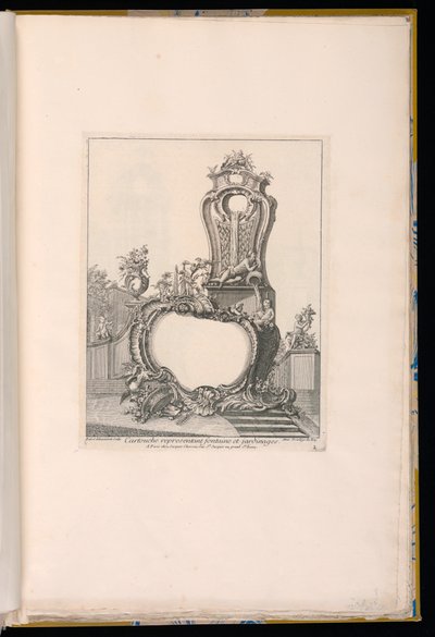 Kartusche mit einem Brunnen in einer Gartenkulisse im Hintergrund von Pierre Edme Babel