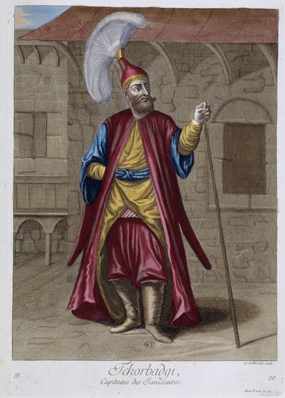 Tchorbadgi, Hauptmann der Janitscharen, „Sammlung von 100 Drucken, die verschiedene Nationen des Levante in den Jahren 1707 und 1708 darstellen“ im Auftrag von M. de Frriol, Botschafter des Königs an der Pforte und aktualisiert 1712-13 durch die Pflege von von Pierre François Basan