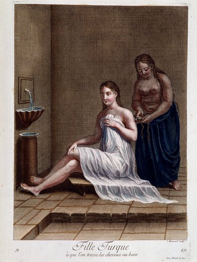 Türkisches Mädchen, dem im Bad die Haare geflochten werden - in „Sammlung von 100 Drucken, die verschiedene Nationen des Levante 1707 und 1708 darstellen“ im Auftrag von M. de Frriol, Botschafter des Königs am Hof und aktualisiert 1712-13 durch die Pflege  von Pierre François Basan