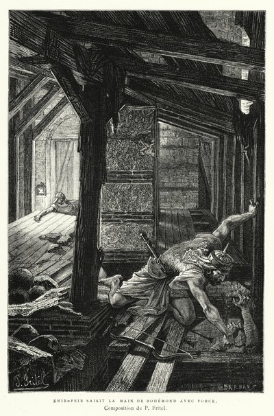 Emir-Feir ergreift mit Gewalt die Hand von Bohemond (Stich) von Pierre Fritel