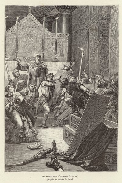 Die Beerdigung von Hastings. Wikinger greifen eine französische Kirche bei der Beerdigung ihres Anführers Hasting an, nachdem er seinen Tod vorgetäuscht hatte von Pierre Fritel
