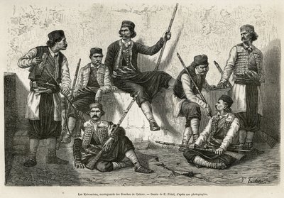 Die Krivoscianer, Bergbewohner der Bucht von Kotor (oder Kotor, Bucht an der westlichen Küste Montenegros), bewaffnet, um der Macht der österreichischen Truppen zu widerstehen. Gravur nach der Zeichnung von P. Fritel, zur Illustration der Reise nach Dalmat von Pierre Fritel