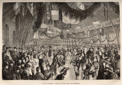 Der Montrealer Schlittschuhläuferclub, bei einem Treffen für einen Kostümschlittschuhabend, graviert nach einer Zeichnung von P. Fritel, zur Illustration des Ausflugs nach Kanada und der Riviere Rouge du nord, von H. De Lamotte, 1873, veröffentlicht in „Le von Pierre Fritel