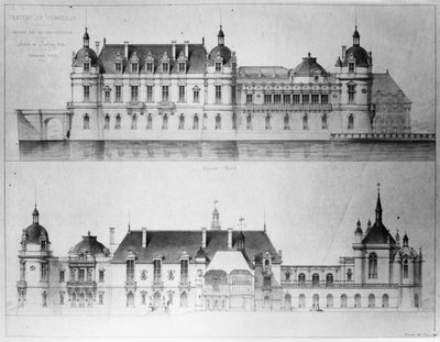 Entwurf für den Wiederaufbau der Nordfassade und der Fassade des Petit Château des Château de Chantilly, 1875 von Pierre Jerome Honore Daumet