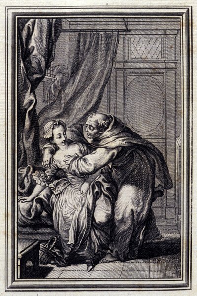 Wie der Geist zu den Mädchen kommt. In „Erzählungen und neue Verse“ von Jean La Fontaine. 1776. Illustration von P.P. Choffard. von Pierre Philippe Choffard