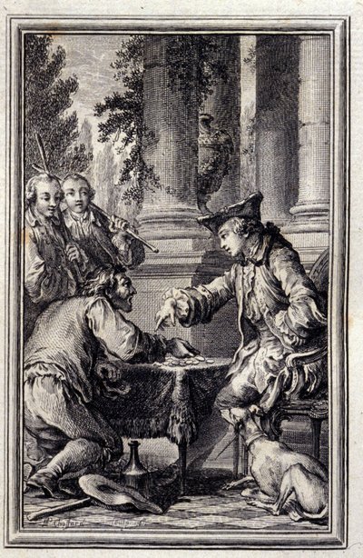 Geschichte eines Bauern, der seinen Herrn beleidigt hatte - in „Tales and news in verse“ von Jean La Fontaine. 1776. Illustration von P.P. Choffard von Pierre Philippe Choffard