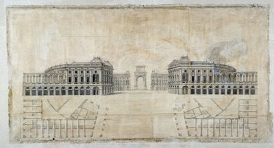 Architektur: „Projekt des Place Royale für Marseille, Perspektive auf den Hafen und Grundriss“ 1686 von Pierre Puget