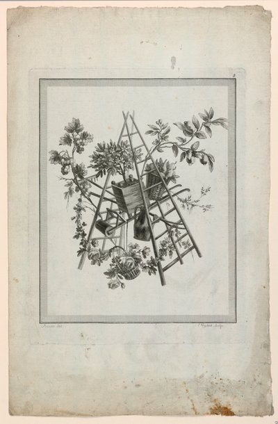 Trophäe mit Gartenwerkzeugen, Platte 2 aus "Suite de différentes Attributs, Trophées, et Groupes de fleurs," Suite II von Pierre Ranson