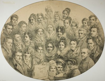Porträts von 31 Personen in einem Oval von Pierre Roch Vigneron