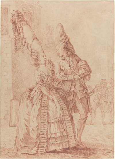 Eine Dame und ein Herr mit übertriebenen Kopfbedeckungen von Pierre Thomas Le Clerc