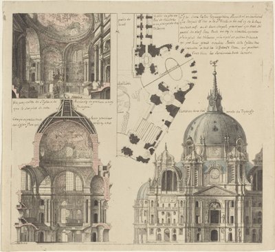 Drei Ansichten und ein Plan einer dreieckigen Pfarrkirche von Pierre Varin