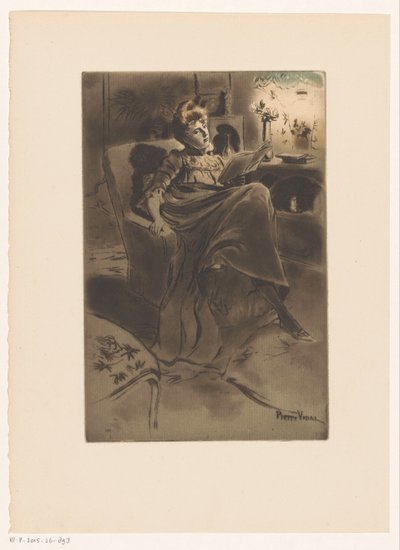 Interieur mit einer lesenden Frau auf einem Stuhl von Pierre Vidal