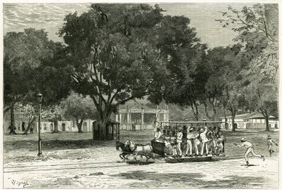 Straßenbahn, gezogen von Pferden, im Hafen von Para (Brasilien), auf dem Largo von Nazareth. Gravur von Vignal, um die Geschichte „Amazonas und Kordilleren“ zu illustrieren. von Pierre Vignal
