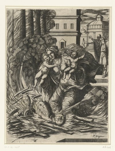 Die Frau von Hasdrubal stürzt sich in den brennenden Tempel von Pierre Woeiriot (II)