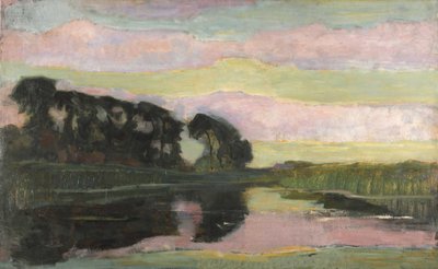 Flusslandschaft mit rosa und gelbgrünem Himmel, ca. 1907-1908 von Piet Mondrian
