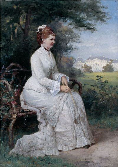 Porträt von Prinzessin Emma von Waldeck-Pyrmont, die auf einer Bank im Park des Palastes Het Loo sitzt von Piet Schipperus