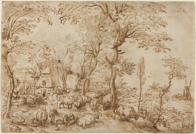 Bauern und Vieh in der Nähe eines Bauernhauses von Pieter Bruegel the Elder