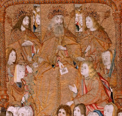 Serie Triumphe der Mutter oder Paños de Oro. Gott sendet den Erzengel Gabriel (Dios envía al Arcángel Gabriel). Erste Tapisserie in der Serie. Modell Colin de Cooter (?). Herstellung Pieter van Aelst (oder van Edingen), Brüssel. Ca. 1500-1502. von Pieter Coecke van Aelst