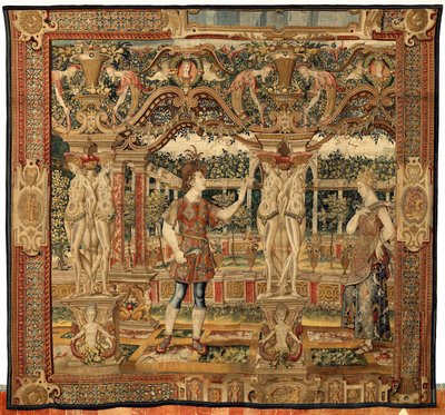 Vertumnus und Pomona: Vertumnus verwandelt sich in einen Baumschneider, ca. 1550 (Gold, Wolle und Seide) von Pieter Coecke van Aelst