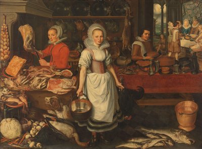 Küchenszene mit dem Gleichnis vom reichen Mann und armen Lazarus von Pieter Cornelisz. van Rijck (attributed to)