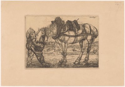 Mann füttert ein Pferd aus einem Eimer von Pieter Dupont