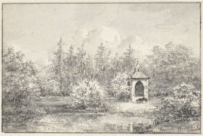 Ansicht im Park von Leiduin, mit Häuschen zwischen den Bäumen von Pieter Ernst Hendrik Praetorius