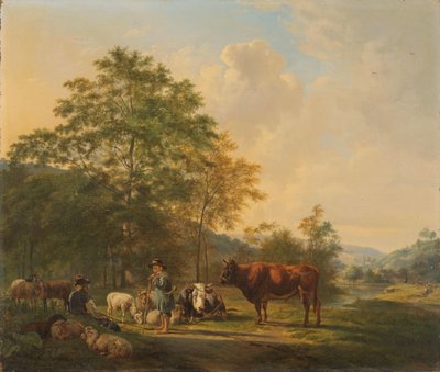 Hügelige Landschaft mit Schäfer, Treiber und Vieh von Pieter Gerardus van Os