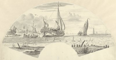 Ansicht einiger Boote auf dem Wasser und einer Mühle bei einer Kirche von Pieter Idserts