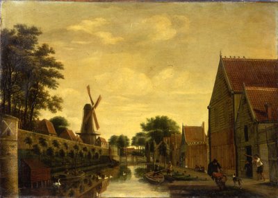 Ein Kanal an einer Stadtmauer mit Arbeitern, die Holz entladen, ca. 1650 von Pieter Jansz. van Asch