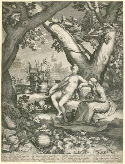 Vertumnus leiht sich die Gestalt einer alten Frau, um Pomonas Liebe zu gewinnen, 1605 (Kupferstich auf Büttenpapier) von Pieter Janszoon Saenredam
